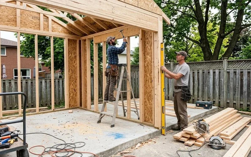 Framed walls and roof trusses of a detached garage mid-construction, with a builder working on the roofline