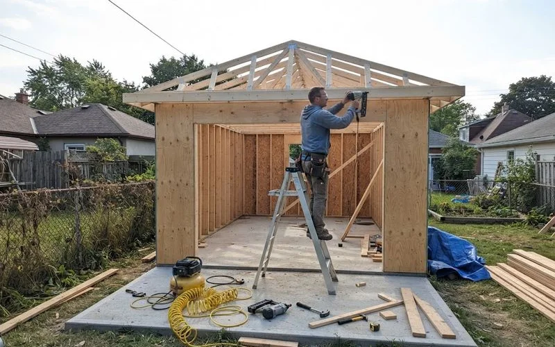 A framed detached garage under construction in Ontario showing wall studs, roof trusses and a partially finished exterior