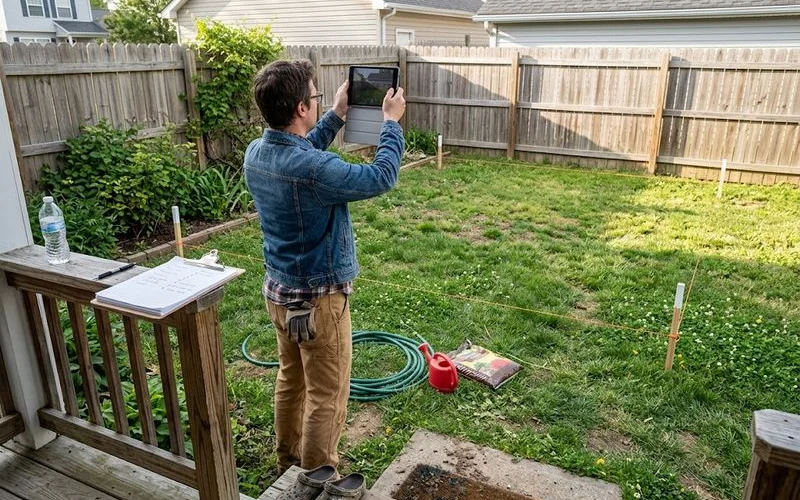 A homeowner photographing an existing fence line and driveway before garage construction begins on the property