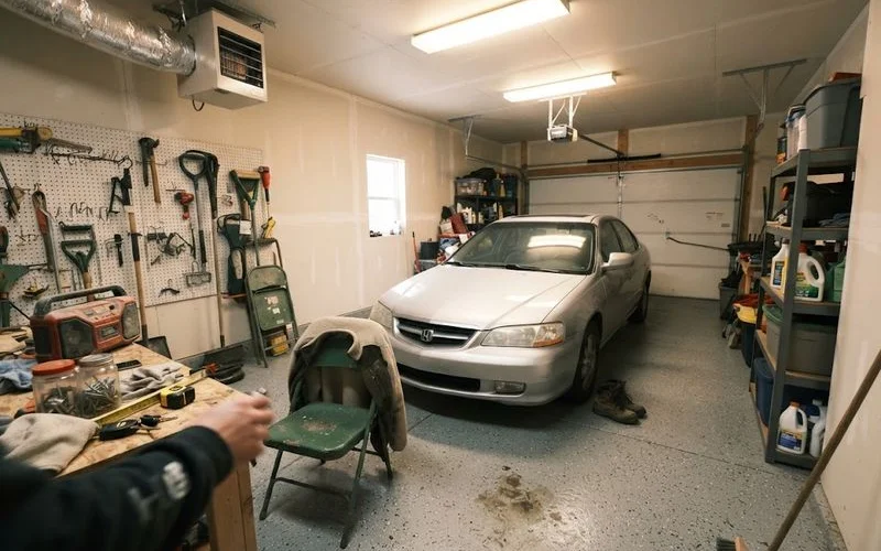 The interior of a finished, heated garage with an epoxy floor coating, insulated walls and built-in storage cabinetry