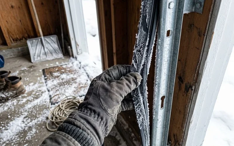 Frost and ice buildup along the bottom seal and track of a garage door during an Ontario winter