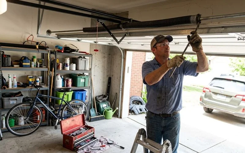 A garage door installer using winding bars to safely adjust the torsion spring above a garage door opening