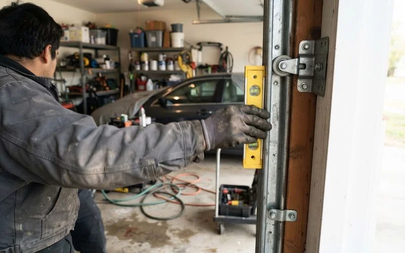 A garage door track and roller assembly being inspected by a technician checking for obstructions and alignment issues