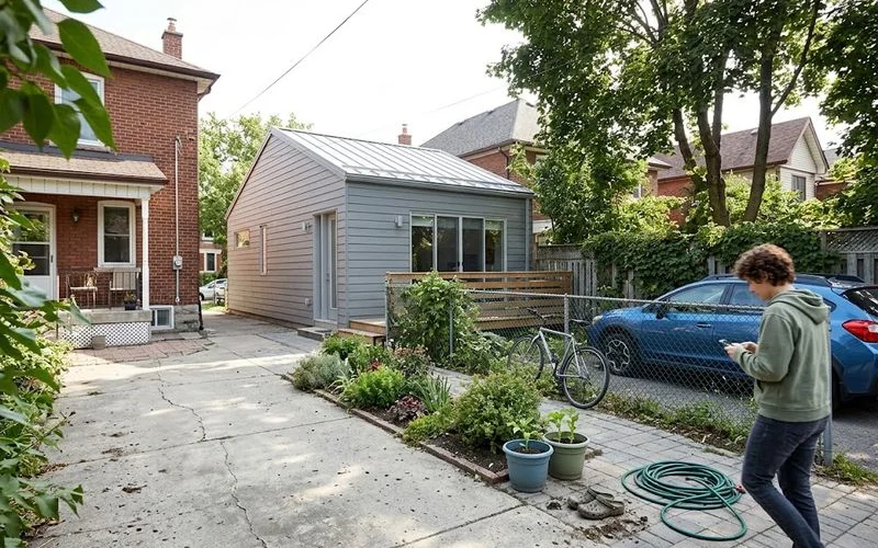 A completed laneway house with a second-storey living space above a garage-style ground floor, set at the rear of a residential lot