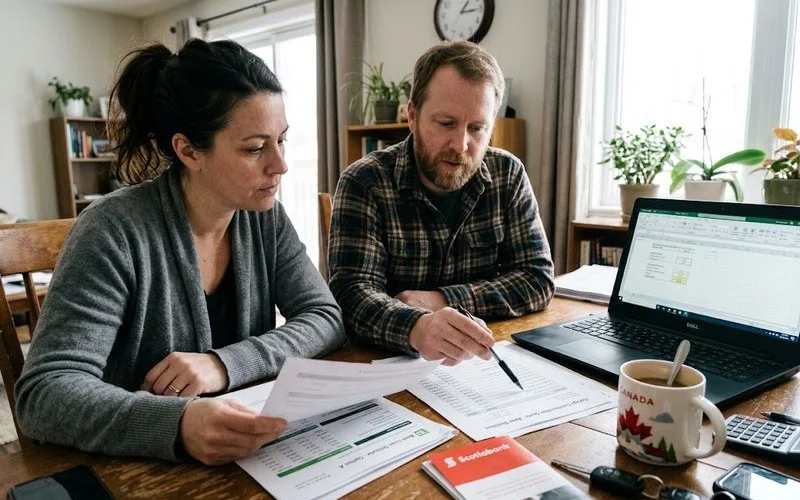A homeowner reviewing loan and financing paperwork at a kitchen table alongside garage design drawings