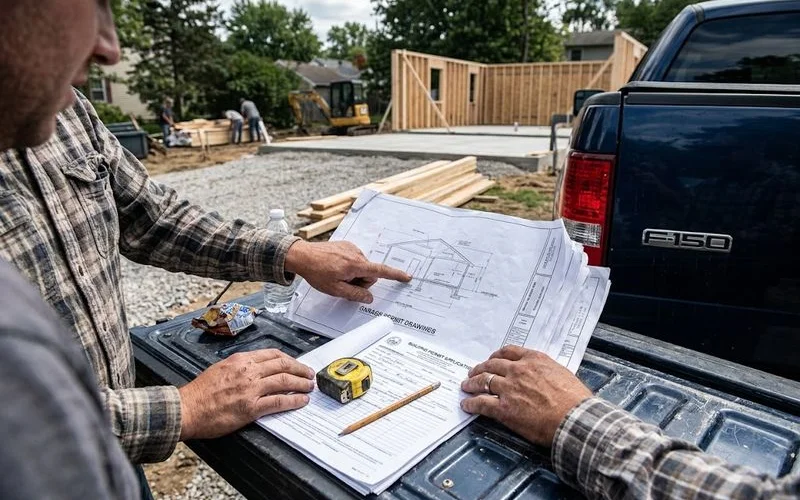 A homeowner and contractor reviewing garage building permit drawings and a site plan spread out on a table